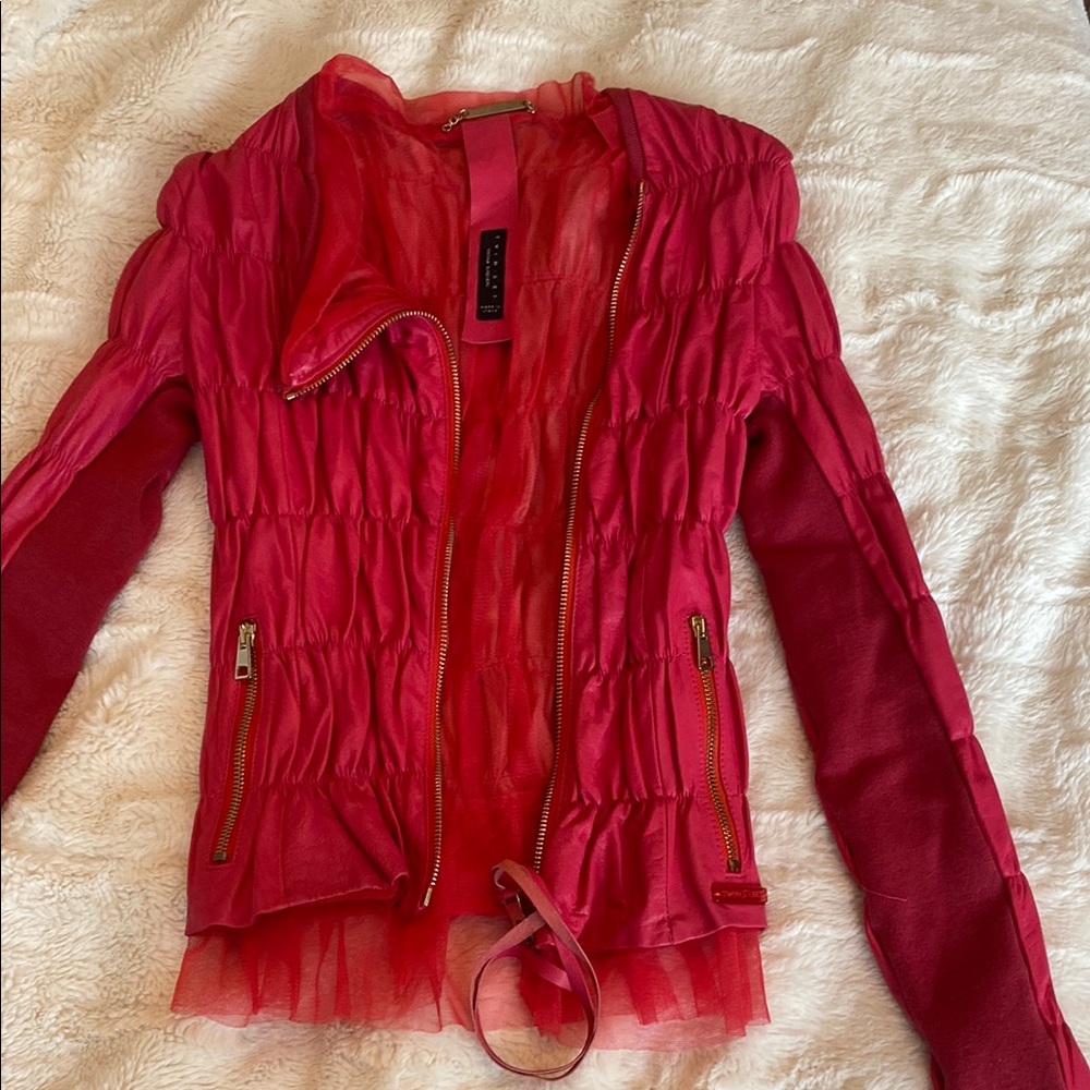 Twin-Set Raspberry Red Mesh Leather Jacket Size XS SM ( M on label )